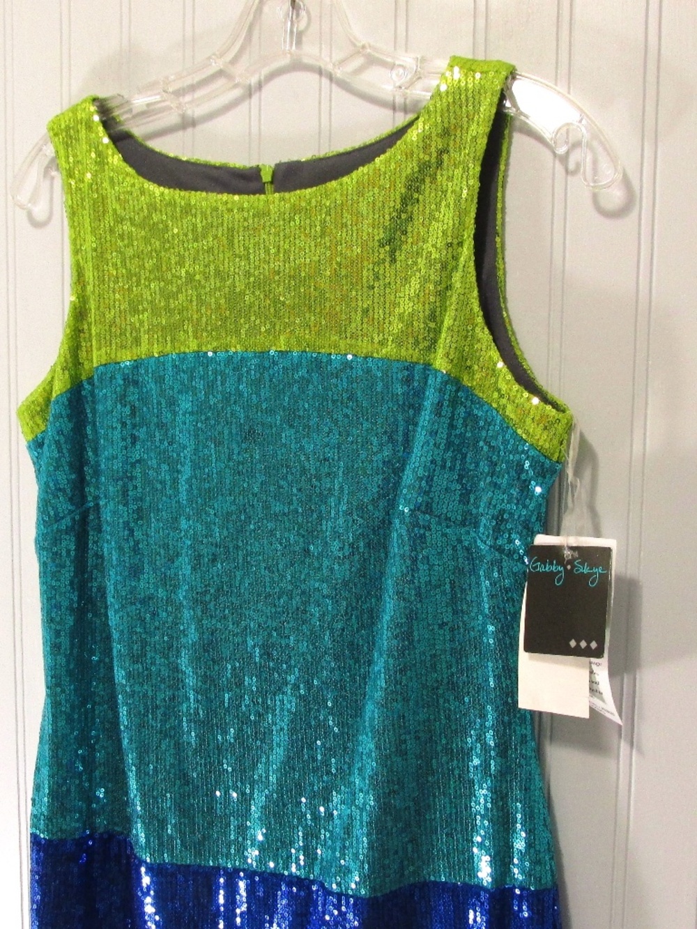 Gabby Skye NWT Lime Aqua Blue Sequined Sleeveless Sheath Dress, Size 8